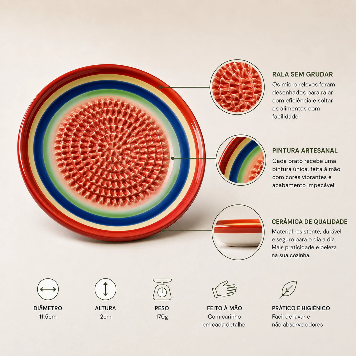 Prato de Cerâmica Artesanal GaindTempo Ralador de Legumes e Frutas - COMPRE 2 E LEVE 3