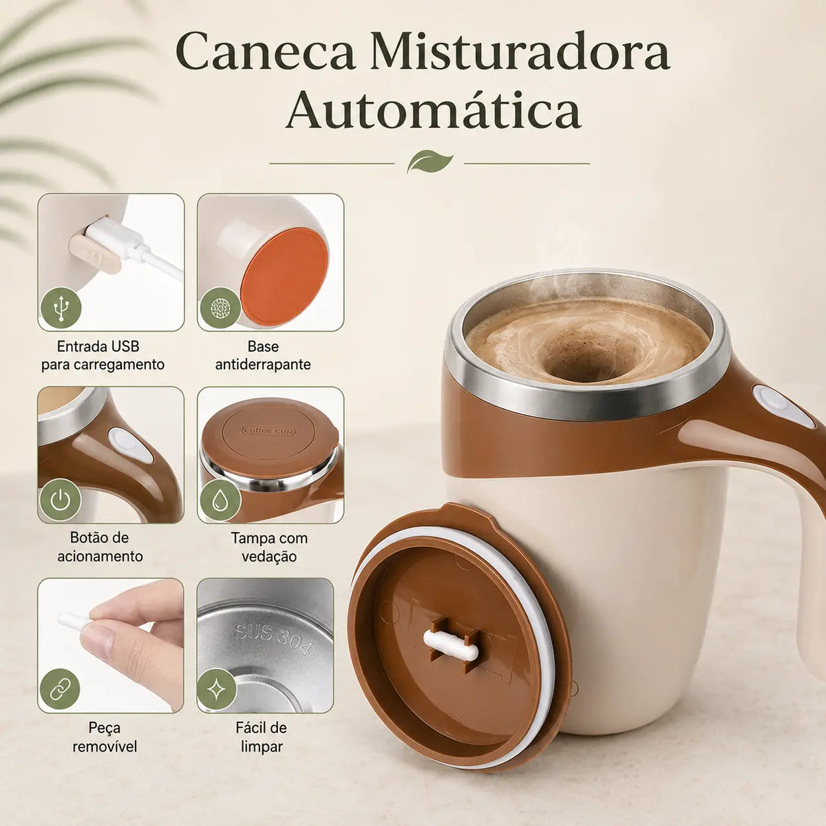 Caneca Elétrica Misturadora Magnética — 380ml | Recarregável USB | Aço Inox GainDTempo