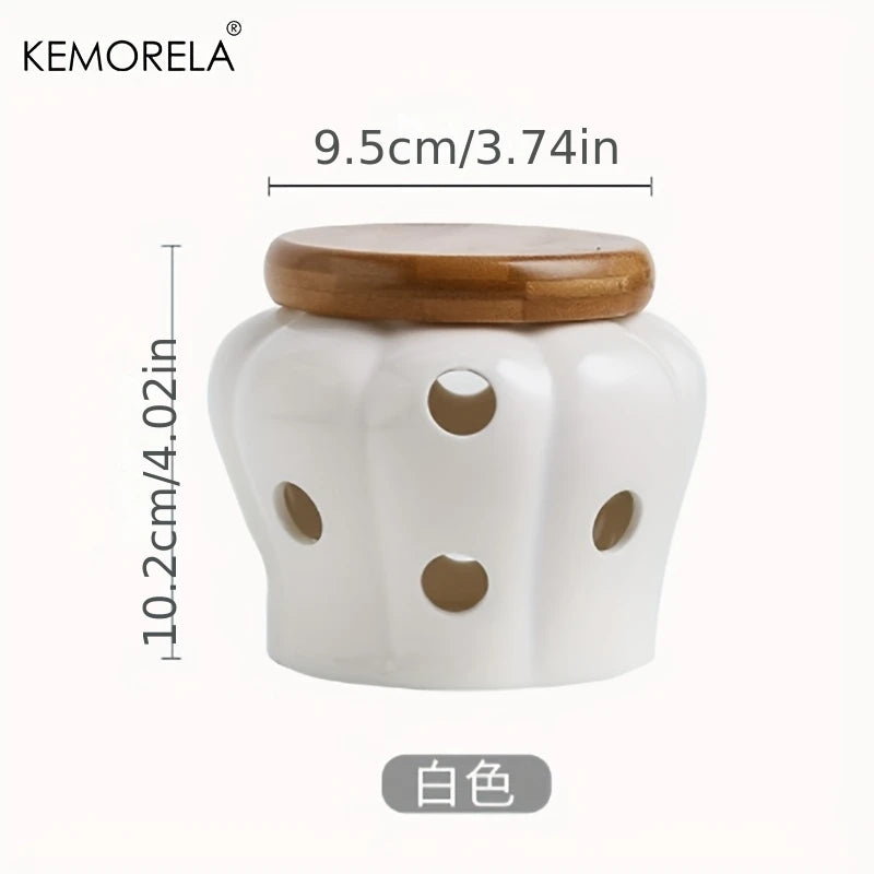 1PCS White Ceramic Jar for Storing Garlic with Bamboo Lid Featuring a Ventilated Hollow Design for Organizing Garlic And Ginger