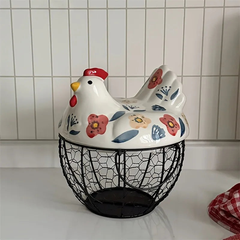 Cesta de Cerâmica em Formato de Galinha — Porta-Ovos Rústico | Frutas e Legumes