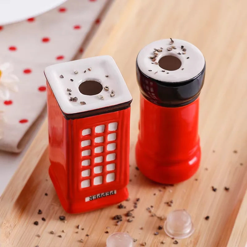 2-Piece Unique Ceramic Spice Jar Set Telephone Booth & Postbox Shapes Practical Pepper Sea Salt Jars For Kitchen Countertop