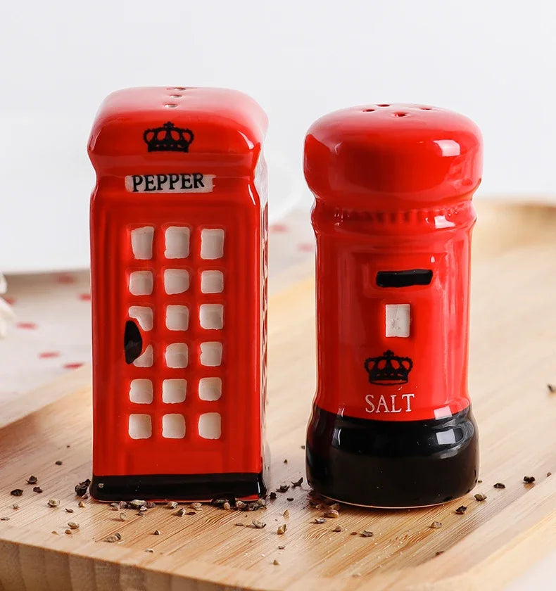 2-Piece Unique Ceramic Spice Jar Set Telephone Booth & Postbox Shapes Practical Pepper Sea Salt Jars For Kitchen Countertop