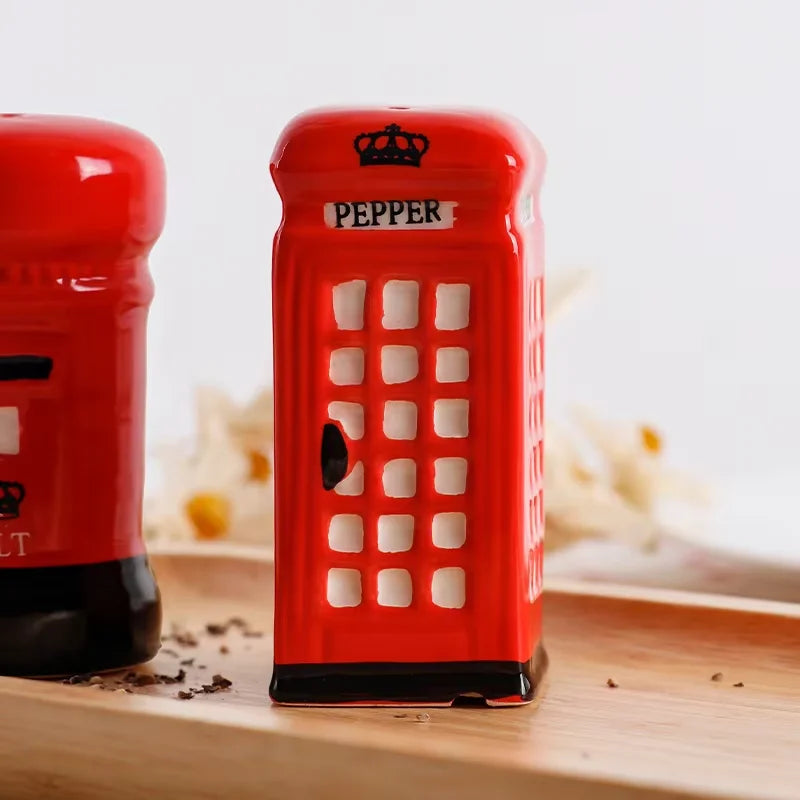 2-Piece Unique Ceramic Spice Jar Set Telephone Booth & Postbox Shapes Practical Pepper Sea Salt Jars For Kitchen Countertop