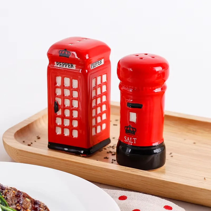 2-Piece Unique Ceramic Spice Jar Set Telephone Booth & Postbox Shapes Practical Pepper Sea Salt Jars For Kitchen Countertop