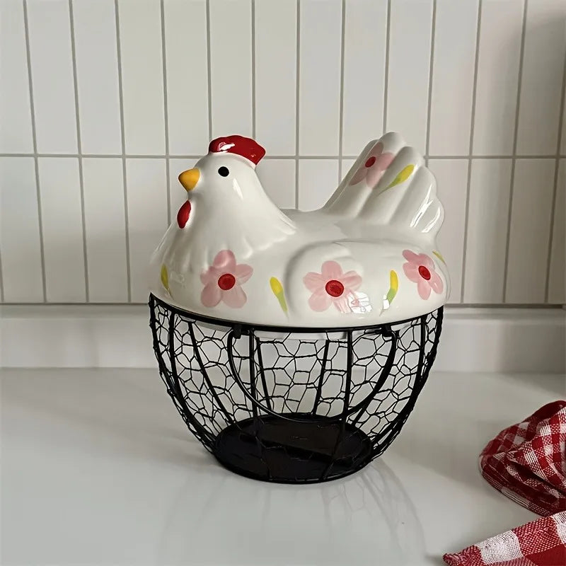 Cesta de Cerâmica em Formato de Galinha — Porta-Ovos Rústico | Frutas e Legumes