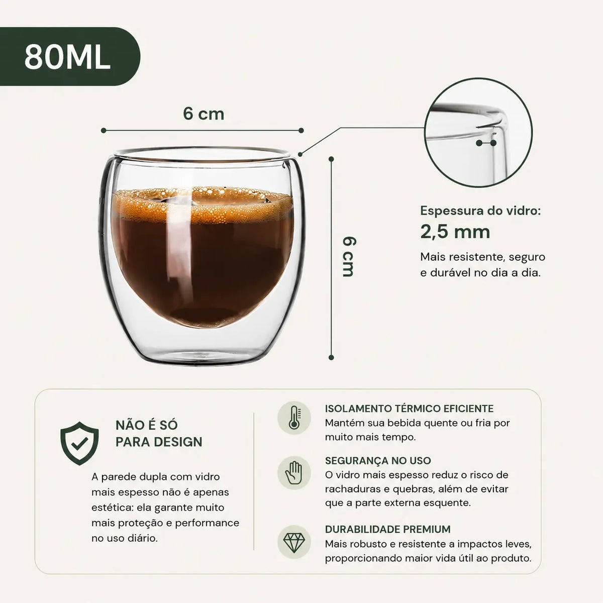 Copos de Vidro Duplo 80ml — Parede Dupla Térmica para Café e Espresso