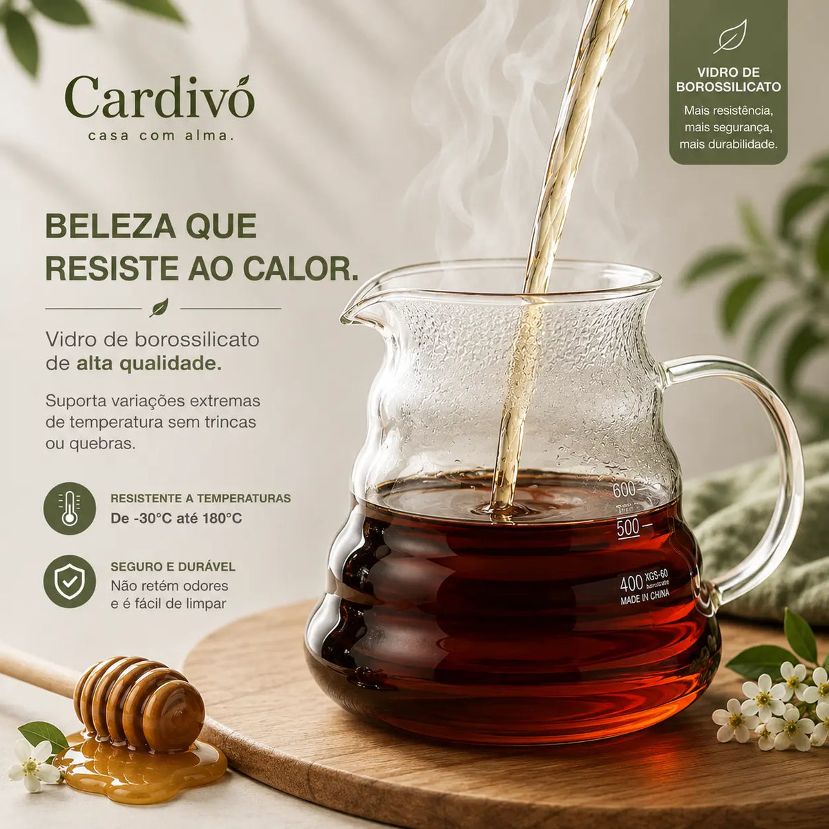 Cafeteira de Vidro Transparente — Servidor Pour Over Resistente ao Calor 360ml, 600ml e 800ml