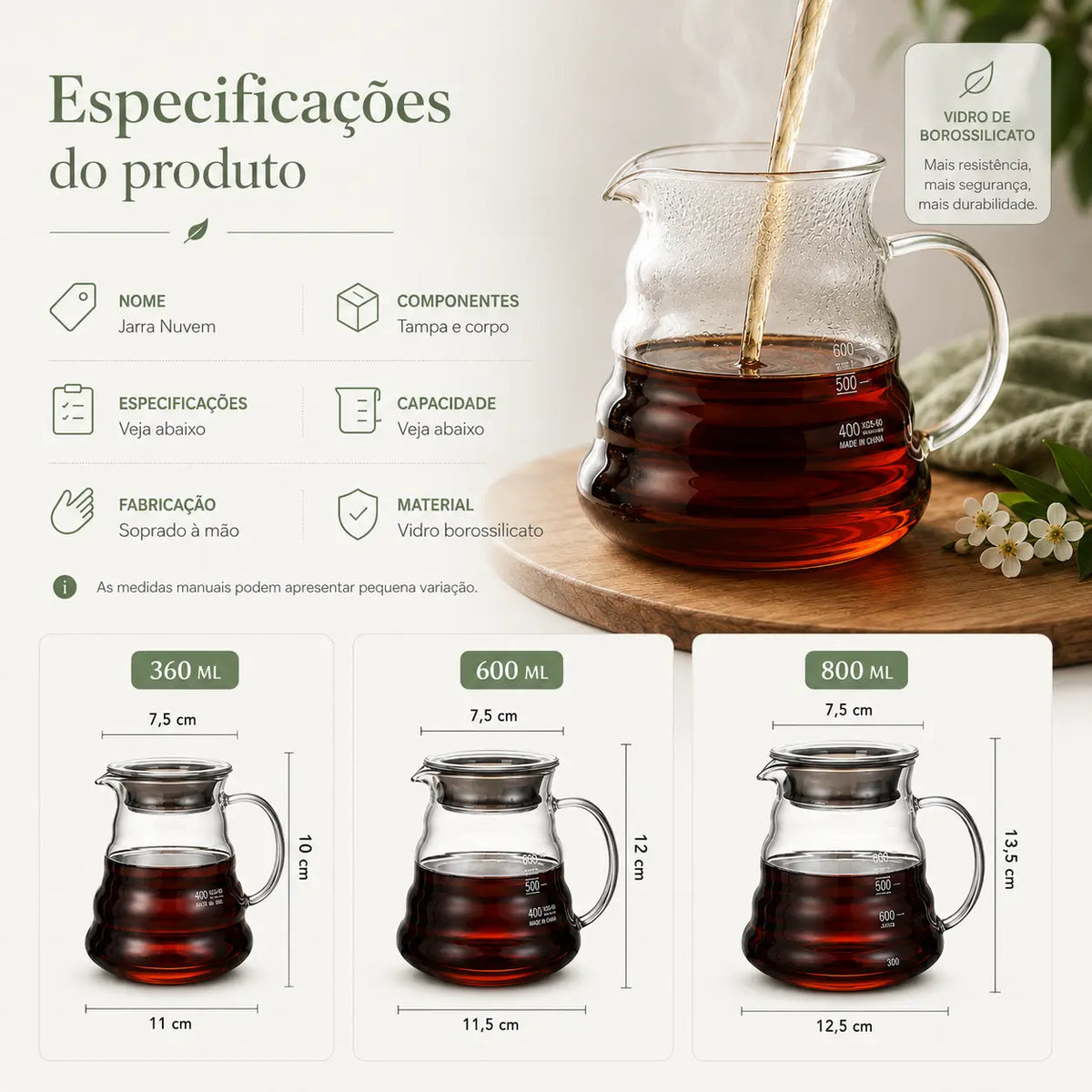 Cafeteira de Vidro Transparente — Servidor Pour Over Resistente ao Calor 360ml, 600ml e 800ml