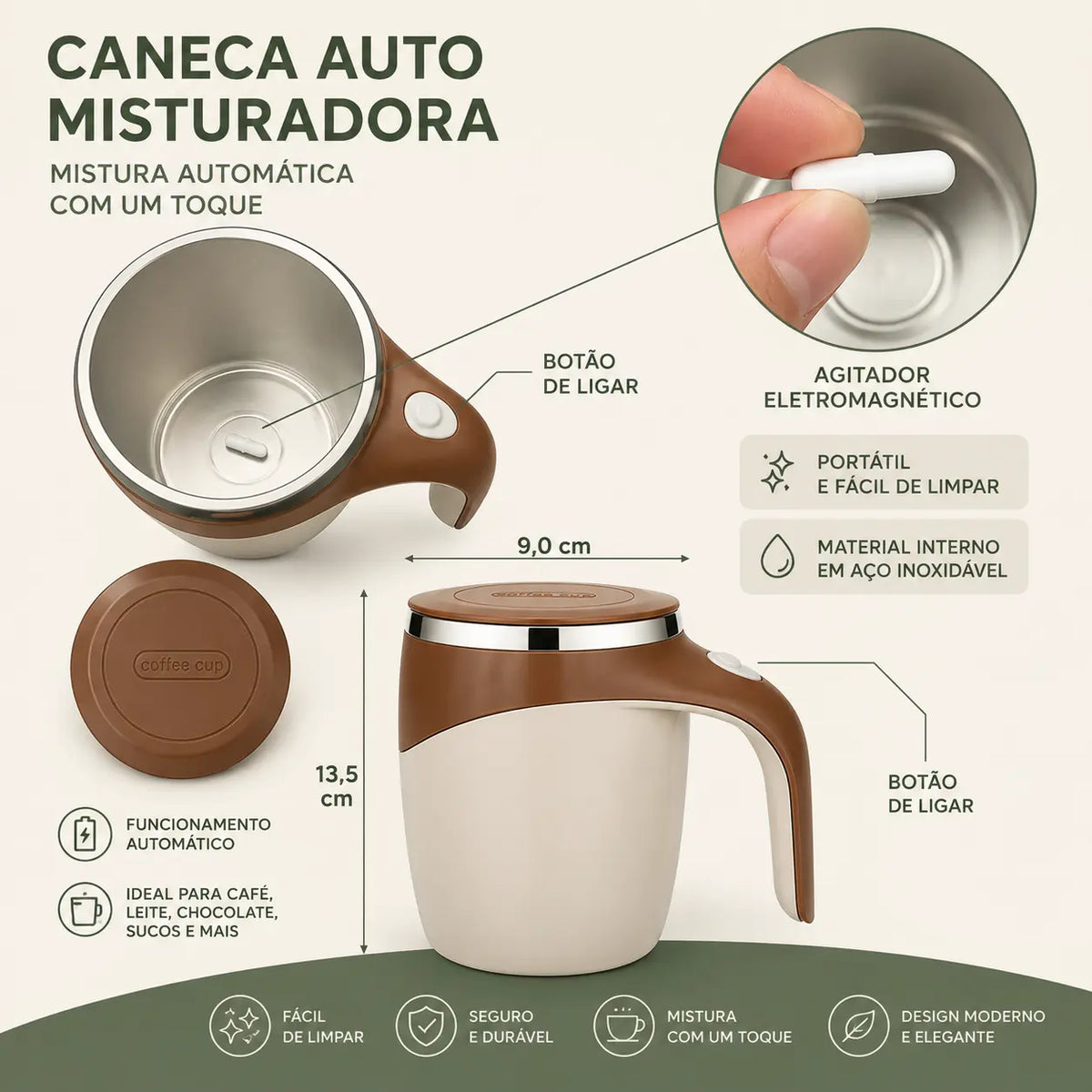 Caneca Elétrica Misturadora Magnética — 380ml | Recarregável USB | Aço Inox GainDTempo