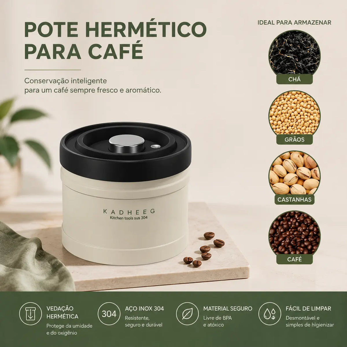 Pote Hermético a Vácuo para Café — Aço Inox 304 | 750ml, 1100ml e 1600ml