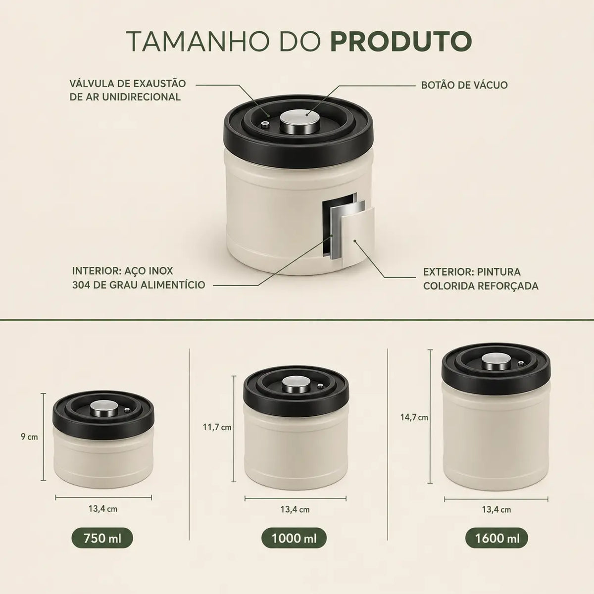 Pote Hermético a Vácuo para Café — Aço Inox 304 | 750ml, 1100ml e 1600ml