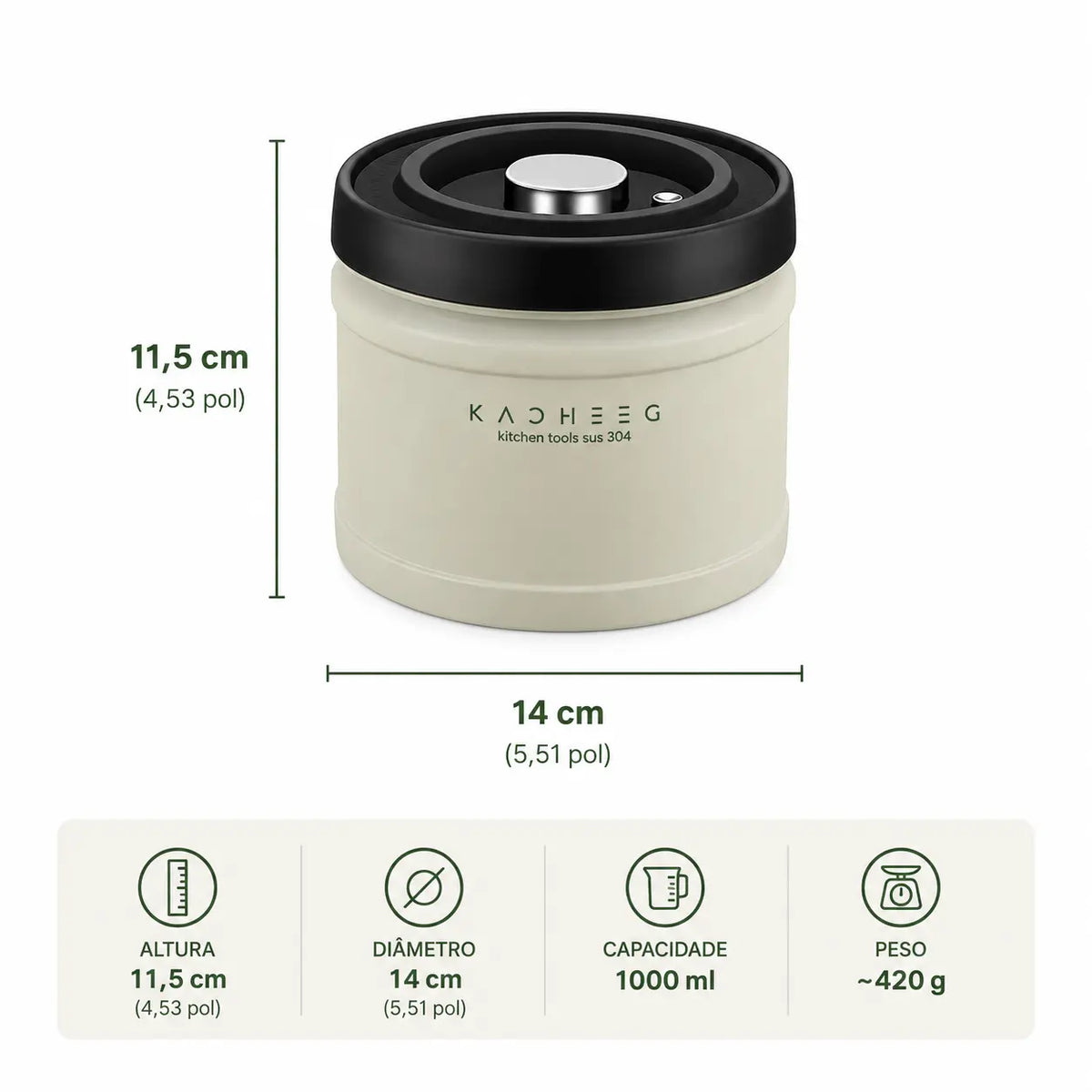Pote Hermético a Vácuo para Café — Aço Inox 304 | 750ml, 1100ml e 1600ml