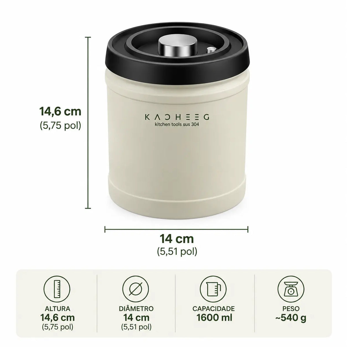Pote Hermético a Vácuo para Café — Aço Inox 304 | 750ml, 1100ml e 1600ml