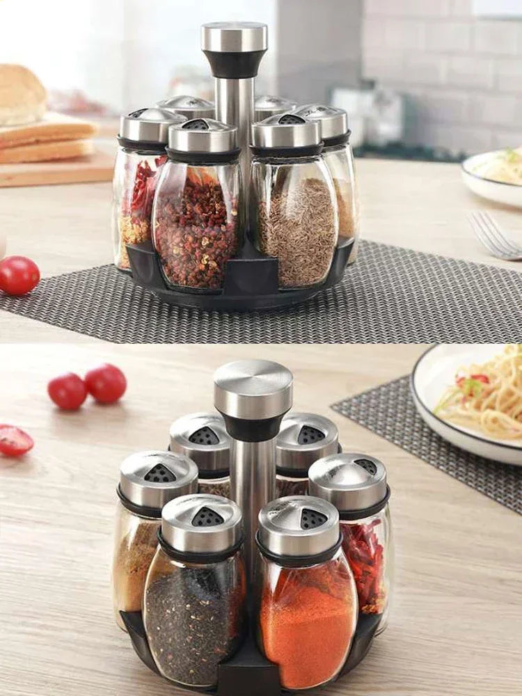 7pcs Spice Jar Set Rack Glass Organizer Rotating Glass Seasoning Sugar Pepper Bottles Salt Shakers Holder Kitchen Storage Rack