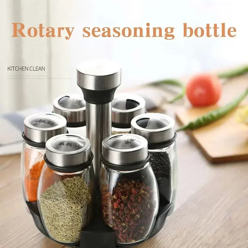 7pcs Spice Jar Set Rack Glass Organizer Rotating Glass Seasoning Sugar Pepper Bottles Salt Shakers Holder Kitchen Storage Rack
