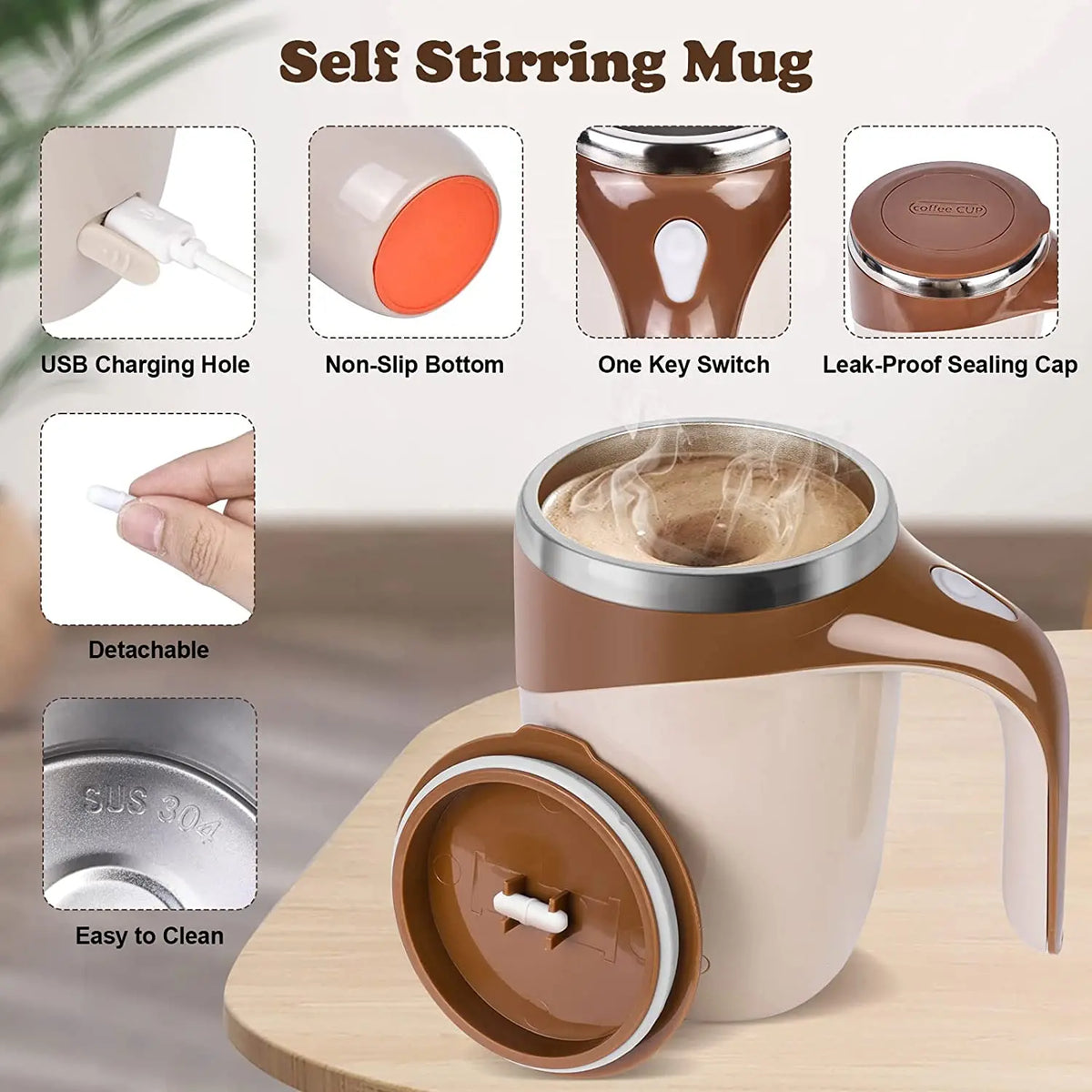 Caneca Elétrica Misturadora Magnética — 380ml | USB | Aço Inox Premium