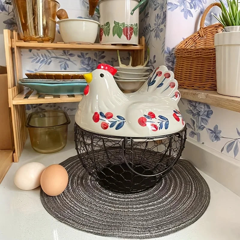 Cesta de Cerâmica em Formato de Galinha — Porta-Ovos Rústico | Frutas e Legumes