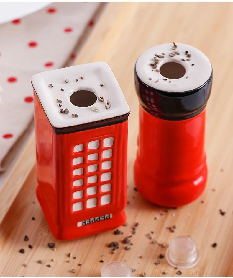 2-Piece Unique Ceramic Spice Jar Set Telephone Booth & Postbox Shapes Practical Pepper Sea Salt Jars For Kitchen Countertop