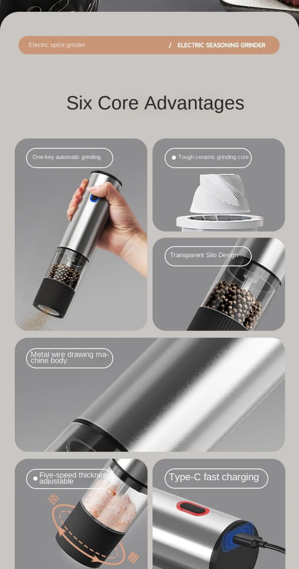 Moedor Elétrico de Sal e Pimenta — Recarregável | Kit 2 Peças | Inox Certificado