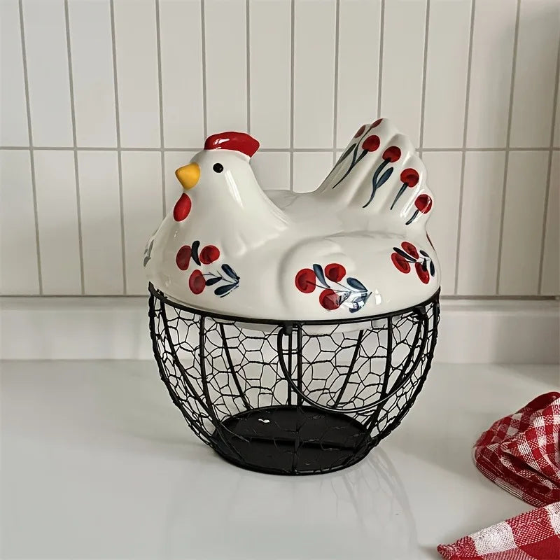 Cesta de Cerâmica em Formato de Galinha — Porta-Ovos Rústico | Frutas e Legumes