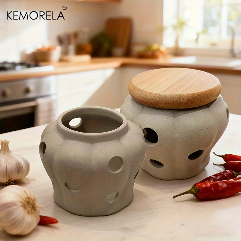 1PCS White Ceramic Jar for Storing Garlic with Bamboo Lid Featuring a Ventilated Hollow Design for Organizing Garlic And Ginger