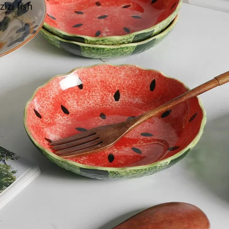 Prato Fundo de Cerâmica Artesanal Pintado à Mão Inspirado em Melância