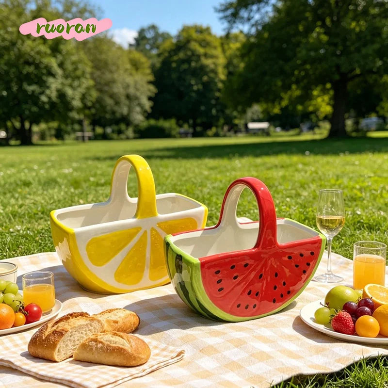 Fruteira de Cerâmica Premium com Alça Decorativa