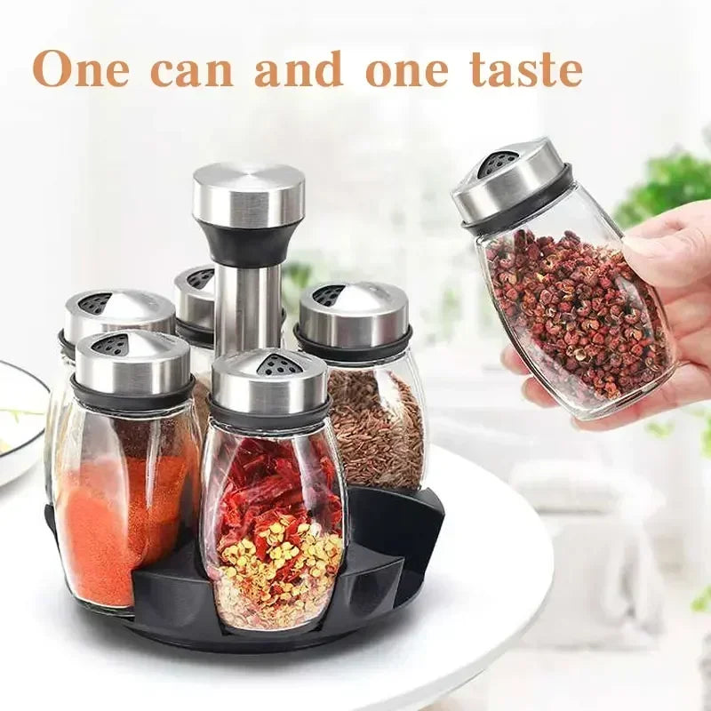 7pcs Spice Jar Set Rack Glass Organizer Rotating Glass Seasoning Sugar Pepper Bottles Salt Shakers Holder Kitchen Storage Rack