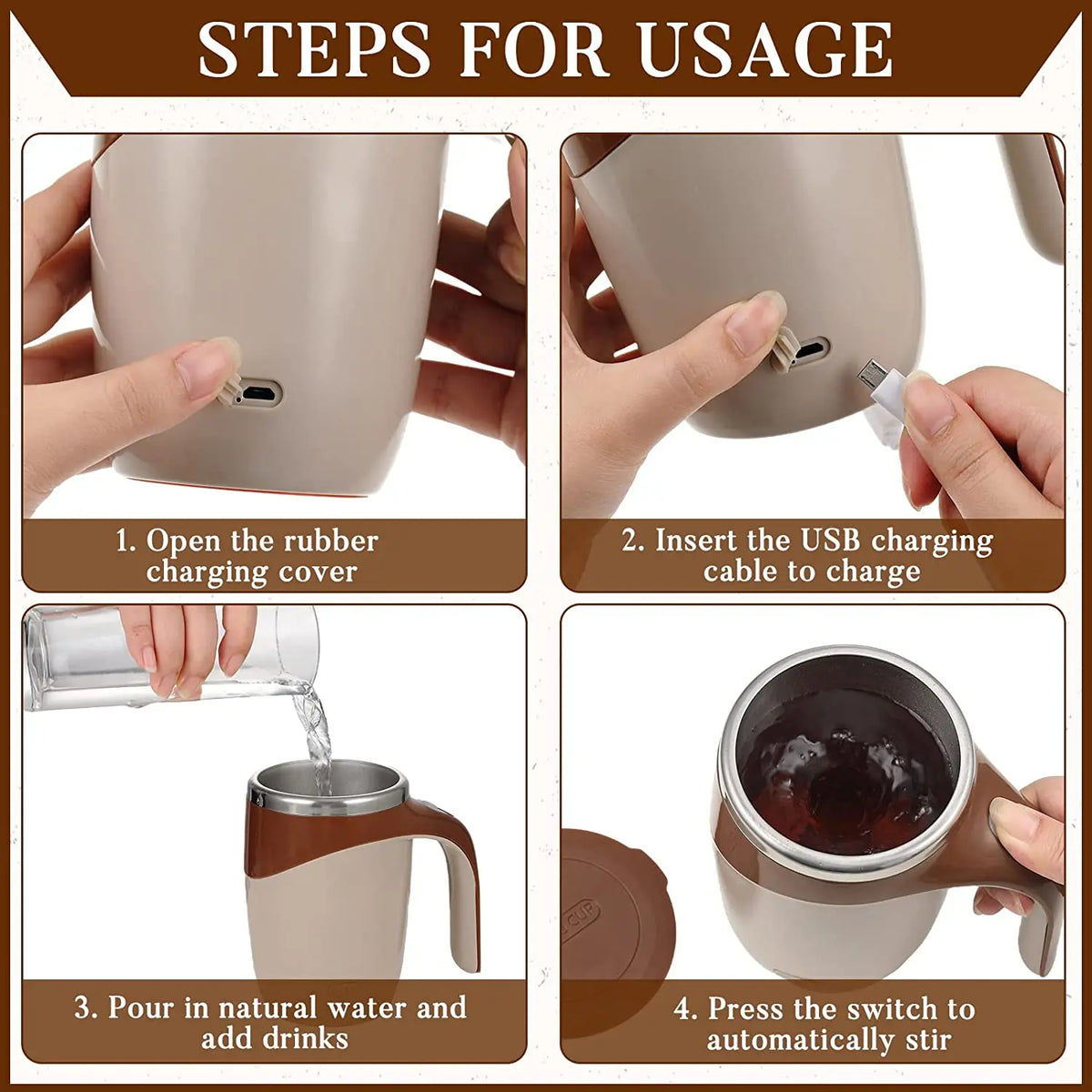 Caneca Elétrica Misturadora Magnética — 380ml | USB | Aço Inox Premium
