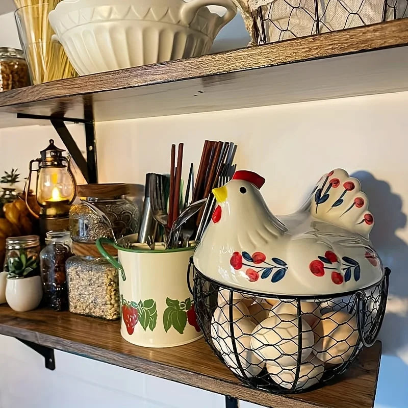 Cesta de Cerâmica em Formato de Galinha — Porta-Ovos Rústico | Frutas e Legumes