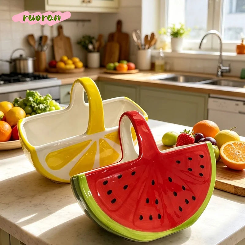 Fruteira de Cerâmica Premium com Alça Decorativa