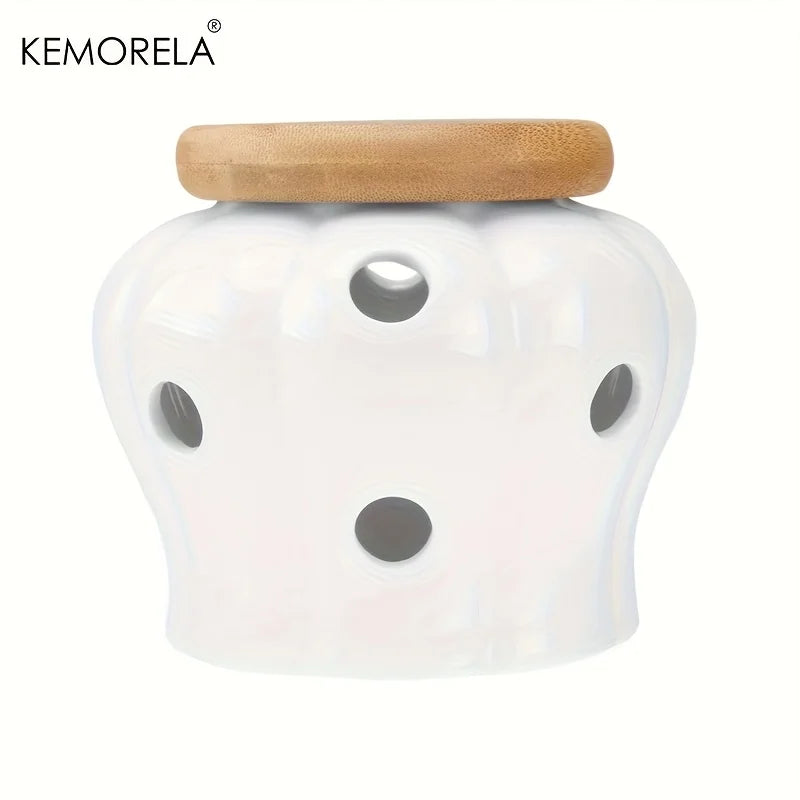 1PCS White Ceramic Jar for Storing Garlic with Bamboo Lid Featuring a Ventilated Hollow Design for Organizing Garlic And Ginger