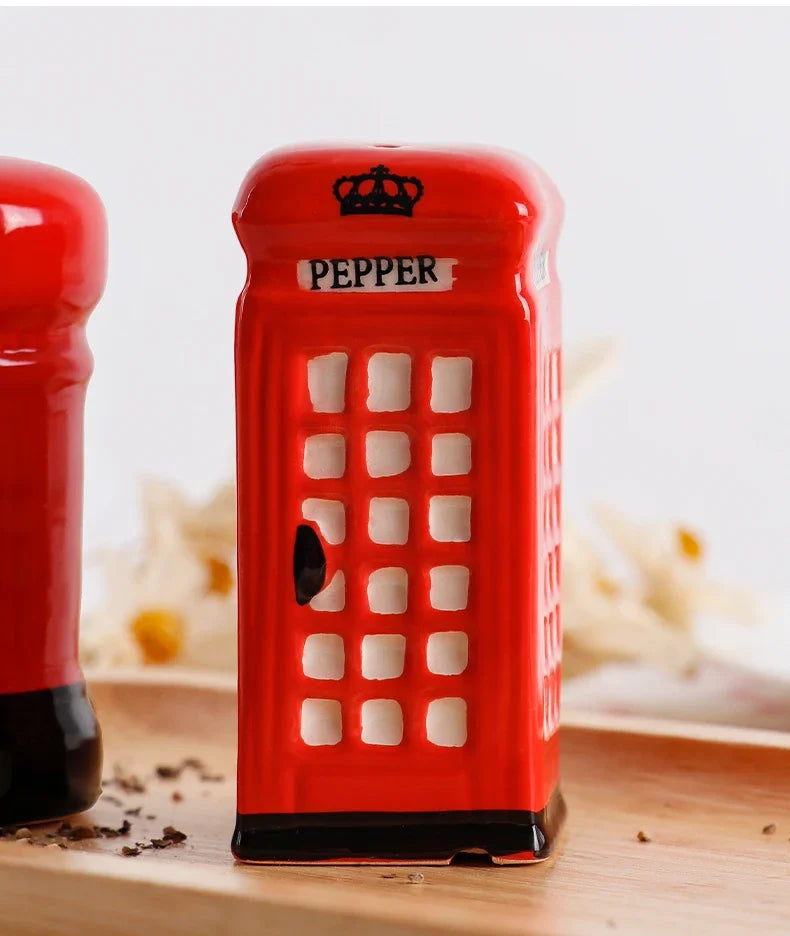2-Piece Unique Ceramic Spice Jar Set Telephone Booth & Postbox Shapes Practical Pepper Sea Salt Jars For Kitchen Countertop