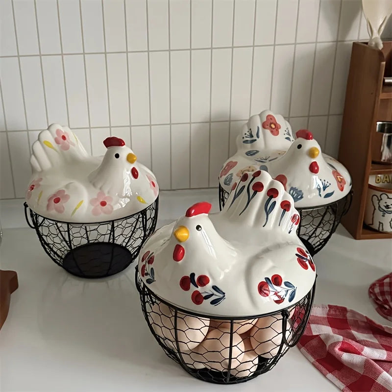 Cesta de Cerâmica em Formato de Galinha — Porta-Ovos Rústico | Frutas e Legumes