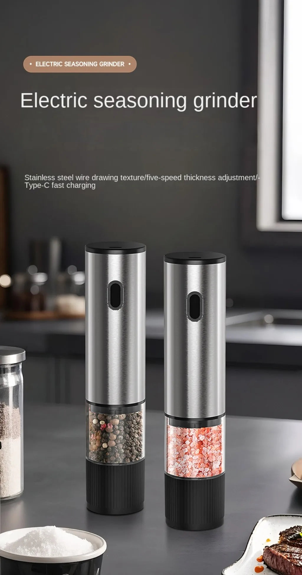 Moedor Elétrico de Sal e Pimenta — Recarregável | Kit 2 Peças | Inox Certificado