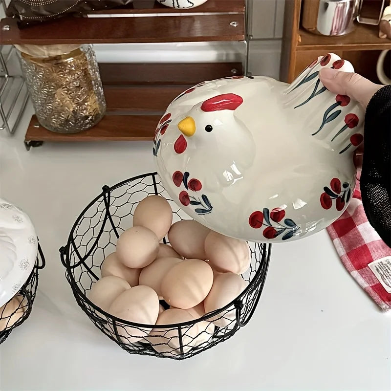 Cesta de Cerâmica em Formato de Galinha — Porta-Ovos Rústico | Frutas e Legumes