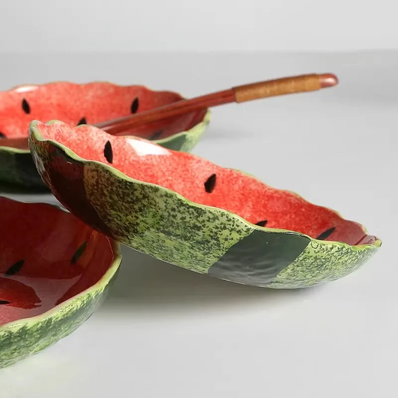 Prato Fundo de Cerâmica Artesanal Pintado à Mão Inspirado em Melância