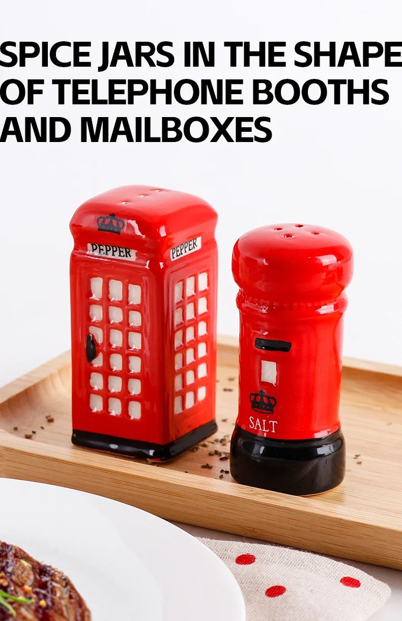2-Piece Unique Ceramic Spice Jar Set Telephone Booth & Postbox Shapes Practical Pepper Sea Salt Jars For Kitchen Countertop