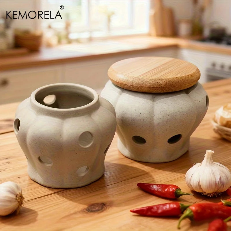 1PCS White Ceramic Jar for Storing Garlic with Bamboo Lid Featuring a Ventilated Hollow Design for Organizing Garlic And Ginger