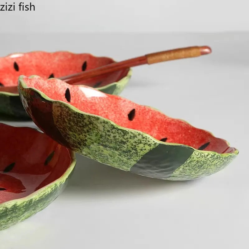 Prato Fundo de Cerâmica Artesanal Pintado à Mão Inspirado em Melância