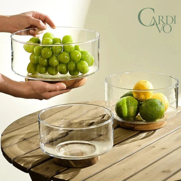 Tigela De Vidro Saladeira Com Base De Madeira Redonda