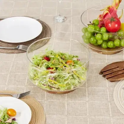 Tigela De Vidro Saladeira Com Base De Madeira Redonda